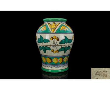 Charlotte Rhead Bursley - Ware Tube lined Large Vase. c.1950. Pattern T.L.2, Stylished Leaves In Tones of Green, Yellow and O