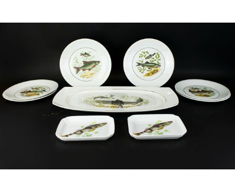 Collection of Ceramic Plates with Fish Design Decoration. Includes ( 6 ) Medium Size Plates - Flint ware Norway Ceramics, ( 1