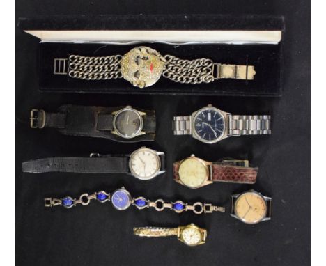 Watches - a vintage Avia Olympic wristwatch, 17 jewel manual movement, gold plated case;   a Hatis incabloc black dial leathe