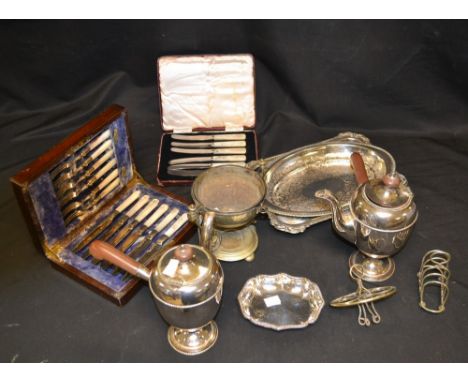 A pair of silver plated chocolate jugs; a cased set of dessert/cake knives and forks with mother of pearl handles; butter kni