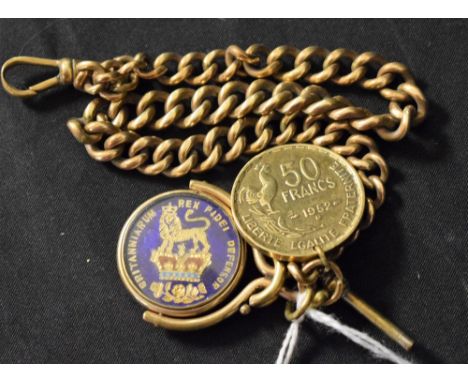 A gilt graduated Albert, with George III enamel coin fob and 50 franc fob