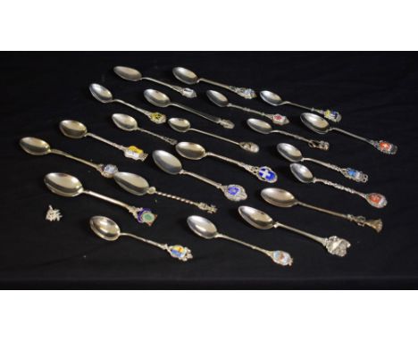 A silver souvenir teaspoon, with enamel shield crest, marked 800; other similar sterling silver and continental silver souven