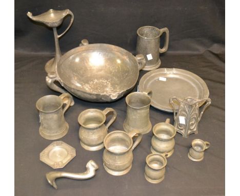 Pewter -  a Kayserzinn oil lamp; 19th century and later mugs and measures; an early 20th century Tudric bowl; etc