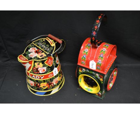 A mid 20th century barge ware painted Kenyons Road Dancer Lamp; another, water can (2)