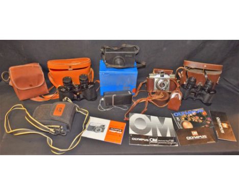 Photography - an Olympus OM10 SLR camera, original box and instructions; other cameras and accessories; a pair of Lieberman &