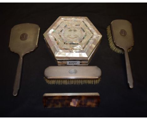 Dressing Table Accessories - a Deakin and Francis silver dressing table set, mirror, brush, clothes brush, comb; a mother of 