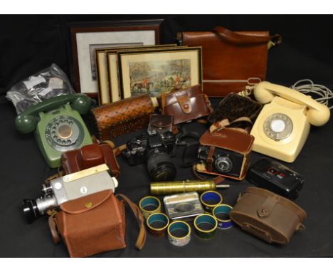 Boxes and Objects - a Leicina cine camera; other cameras and lenses; vintage telephones; hunting prints; etc