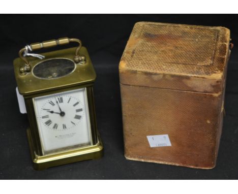 An early 20th century French brass carriage clock, retailed by William Bruford and Son, Eastbourne and Exeter, with key and c