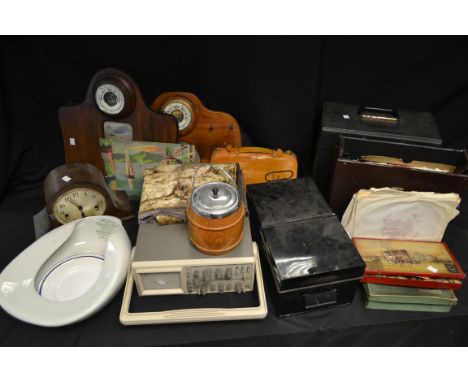 Boxes and Objects - a Goldstar Oscilloscope OS-9100D; a mid 20th century wall mounted oak barometer and brush tidy with bevel