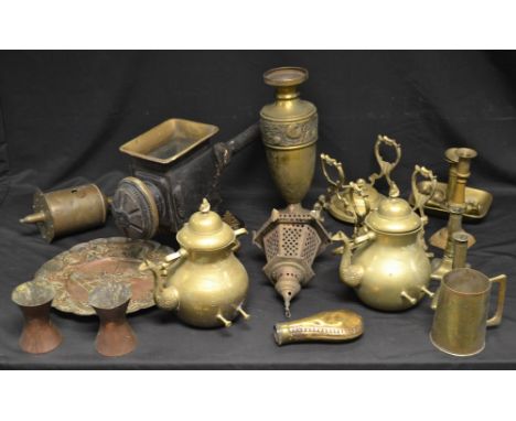 Metalware - a pair of Middle Eastern brass spirit kettles; a Victorian coaching lamp; a brass chamber stick; a meat jack, etc