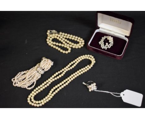 Pearls - a Majorica pearl single strand necklace, 925 silver clasp, 54cm long, boxed;  another 78cm long, a Tasaki Shinju cub