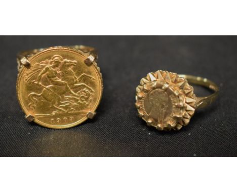 A half sovereign, yellow metal ring, open work setting; a yellow metal ring set with yellow metal token