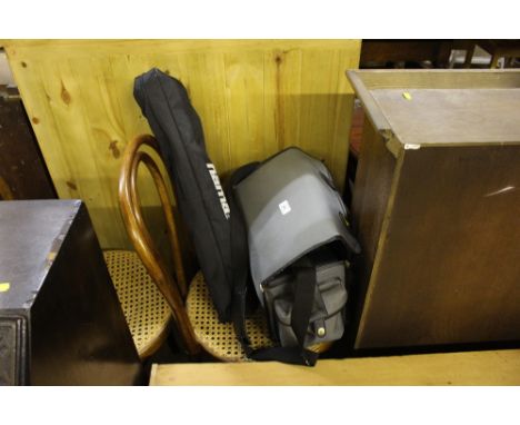 A Chinon camera with lenses etc and a tripod and carrying case