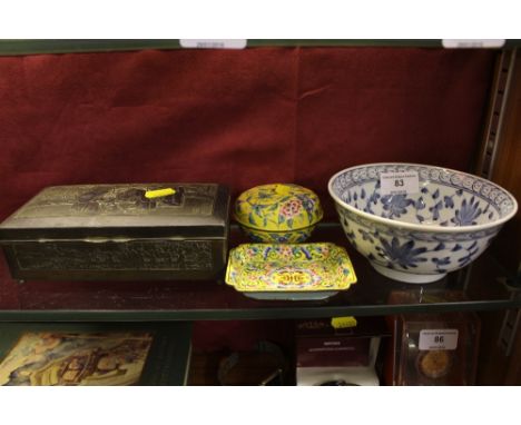 A Chinese blue and white bowl together with an enamel pot and cover and similar dish; and an oriental bronzed box