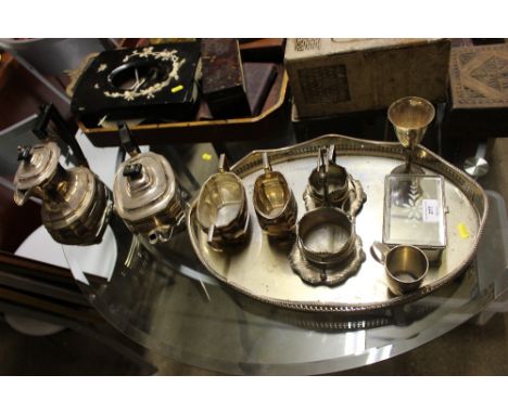 A silver plated tray; silver plated tea set; a mirrored trinket box etc.