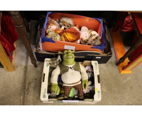 Three boxes of puppets, dolls and toys and two puppet theatres