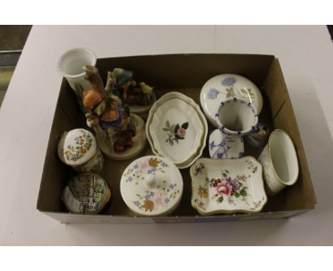 A tray containing to Goebel ornaments; various small china pin dishes and trinket boxes etc.