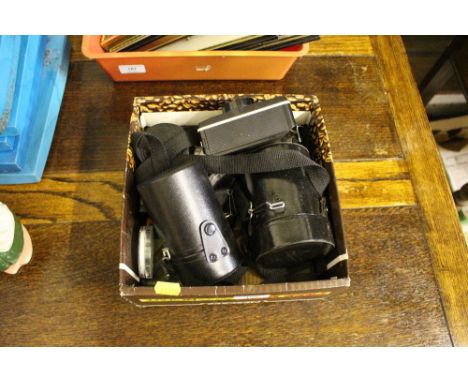 A box of camera accessories