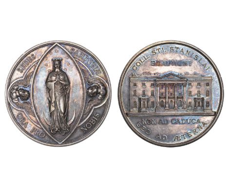 Beaumont College, Windsor, [c. 1860(?)], a silver medal, unsigned and undated façade of the College, rev. Virgin Mary standin