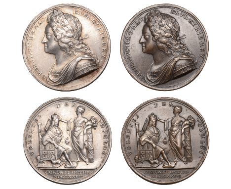 George II, Coronation, 1727, medals (2), by J. Croker, in silver and copper, laureate bust left, rev. king, enthroned, being 