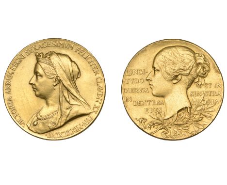 Victoria, Diamond Jubilee, 1897, a small gold medal by G.W. de Saulles, veiled bust left, rev. young head left, 26mm, 12.72g 