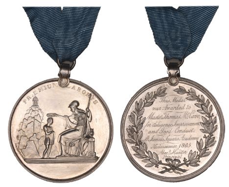 Local, LONDON, Mayfair, a silver award medal, unsigned, Athena seated left crowning pupil with wreath, rev. named (This Medal