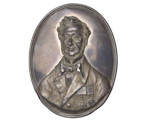 Duke of Wellington (?), a uniface silver portrait plaque, signed C [?], bust facing, two medals on breast, 95 x 74mm. Good ve