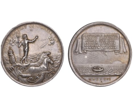 NETHERLANDS, Disturbances at Amsterdam Quelled, 1696, silver medal by J. van Dieshoecke, Neptune in chariot calming the winds