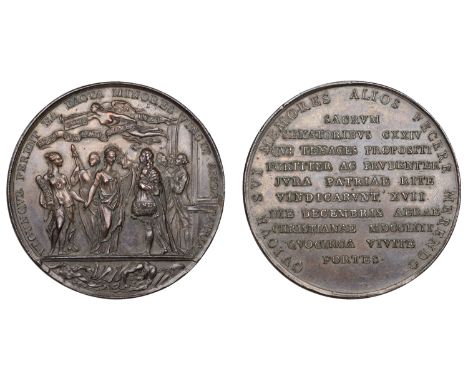 Irish Surplus Revenue Dispute, 1753, a copper medal, unsigned, Speaker of the Irish Parliament placing cap of liberty on Hibe