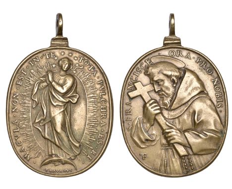 ITALY, St Francis, a cast bronze medal by G. Travani, half-length figure left, holding cross, rev. Virgin Mary standing withi
