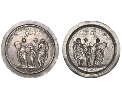 Christ’s Hospital, Nautical School, 1673, a uniface silver cloak badge by J. Roettiers, standing figures of Arithmetic, Geome