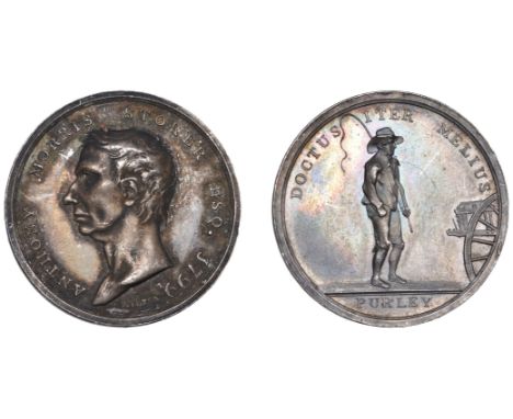 Death of Anthony Storer, 1799, a silver medal by J. Milton, bare head left, rev. doctus iter melius, man standing behind cart