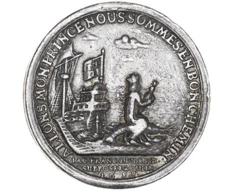 Flight of Prince James, 1688, a cast silver medal by C. Wermuth, Father Petre riding on lobster and carrying the infant Princ