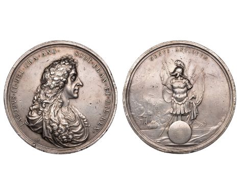 Military and Naval Reward, 1685, a silver medal by J. Roettiers, draped bust of James II right, rev. trophy of arms with nava