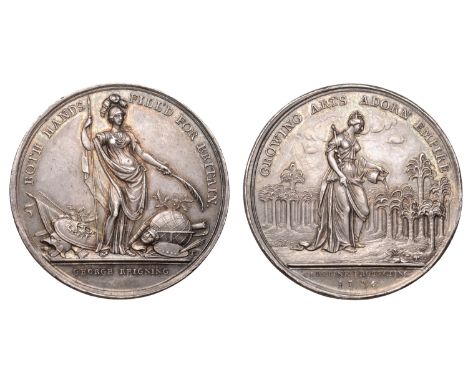 Jernegan’s Lottery, 1736, a silver medal by J.S. Tanner, Minerva standing between trophies and emblems of arts and sciences, 