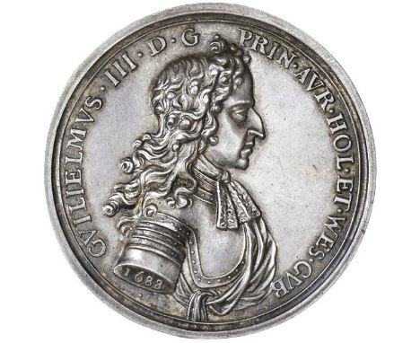 Landing of William III at Torbay, 1688, a cast silver medal by G. Bower, armoured and draped bust right, rev. equestrian figu