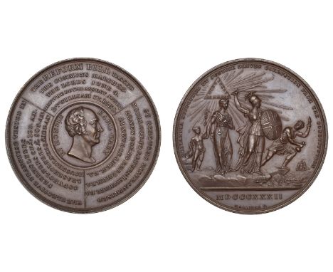 The Reform Bill, 1832, a bronze medal by T. Halliday, bare head of Earl Grey right within central circle, legend around divid