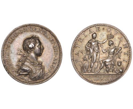 George III, Coronation, 1761, a silver medal by L. Natter, laureate bust right, rev. king, clad as a Roman emperor, being cro