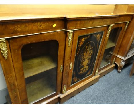 A good antique walnut and marquetry breakfront-credenza, composed of flanking glazed side cabinets & a centre cabinet enclose