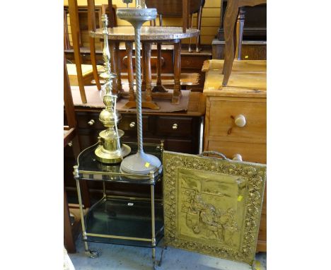 A smoky glass & brass effect tea trolley, a brass effect standard lamp, smoker's companion & brass fireguard