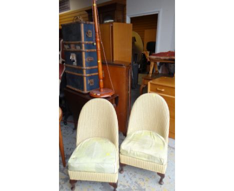 A pair of Loom bedroom chairs, a vintage cabin trunk, standard lamp & a drop leaf table