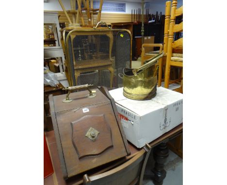 A pedonium brass coal scuttle, box of lighting & a fireguard