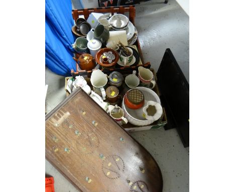 A box of pottery & china flatscreen TV, bagatelle etc