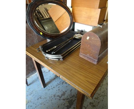 Vintage Formica table, oval mirror, companion set & firescreen