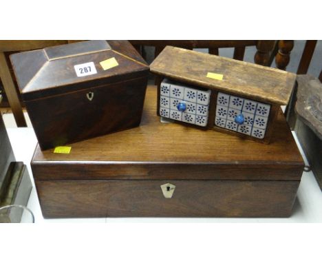 An antique sarcophagus shaped tea caddy, an antique mother of pearl inlaid writing box & a rustic two compartment spice drawe