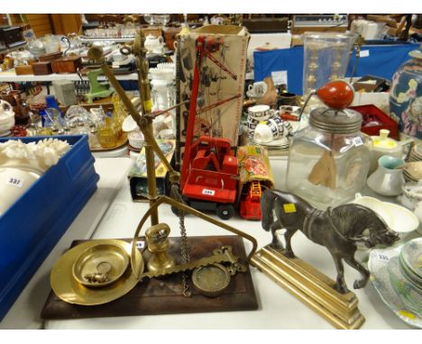 A vintage set of weighing scales, a brass bell weight, a metalwork & brass fireside horse ornament