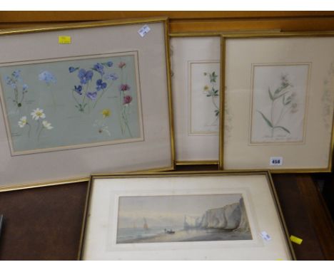 A parcel of framed pictures including three botanical studies, one of which is inscribed to the back 'Isabella Ann Alan 1830'