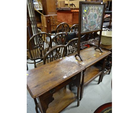 Two vintage oak side tables together with a small firescreen