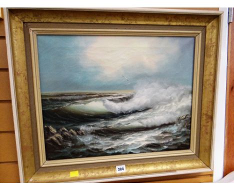 Oil on canvas - seascape with gulls, indistinctly signed, 38 x 49cms