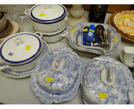 Pair of Asiatic Pheasant pottery tureens, three modern Royal Worcester tureens, sundry loose flatware etc
